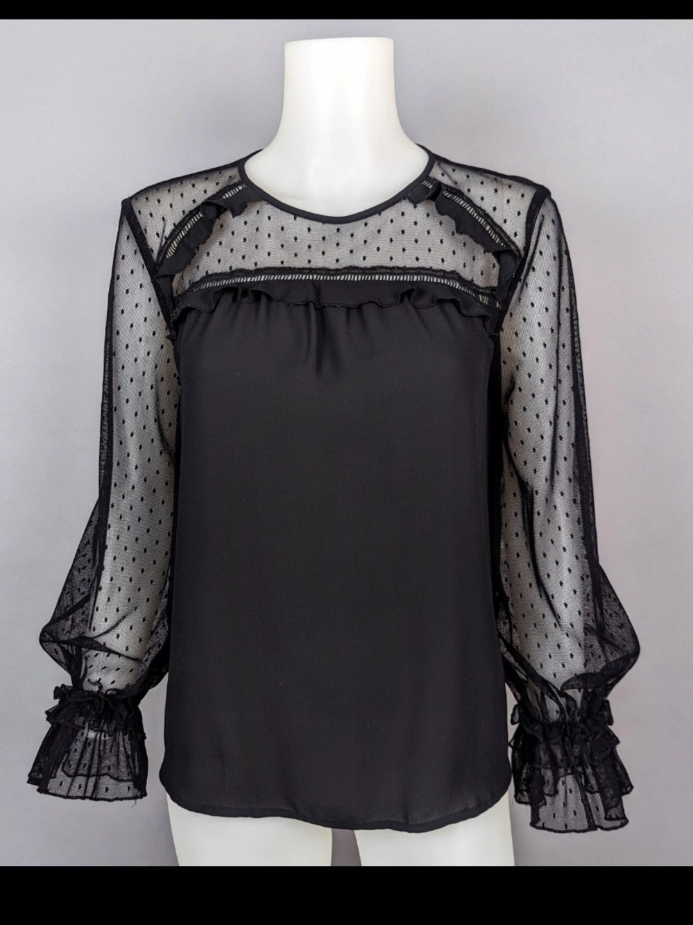 LOFT Ann Taylor Black Polka Dot Mesh Ruffle Yoke Blouse Whimsigoth Size Medium